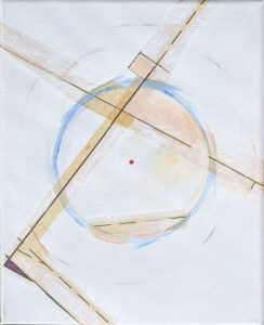 Katrina Morse • <em>O#3 of the XO Series</em> • Acrylic and printed tissue paper on canvas • 8″×10″ • $85.00