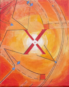 Katrina Morse • <em>X#4 of the XO Series</em> • Acrylic and printed tissue paper on canvas • 8″×10″ • $85.00