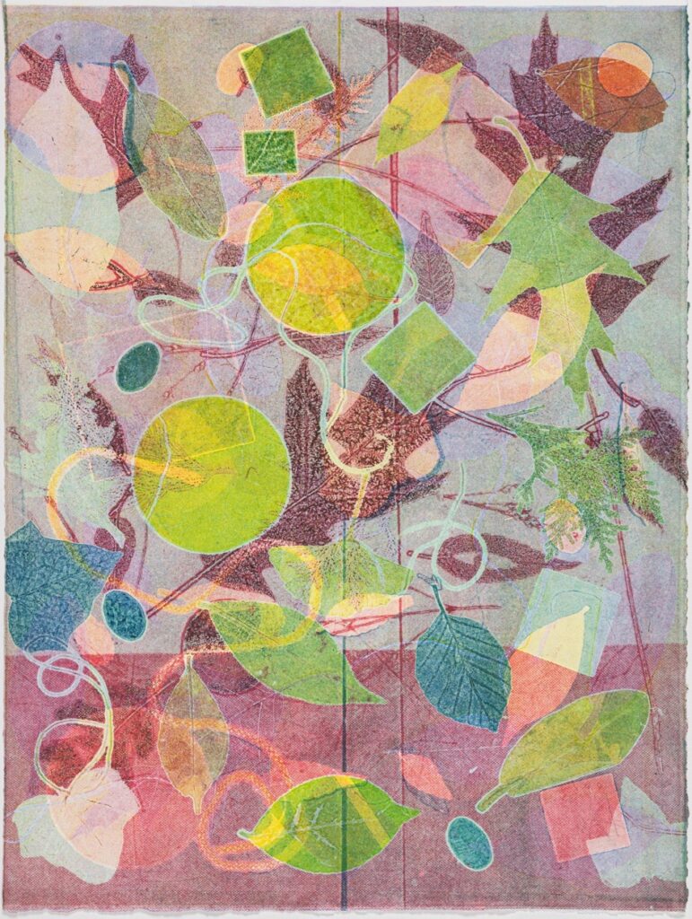 Alison Goodrich • <em>Autumn Leaves Abstract</em> • Etching ink, leaves, found items, oak tag board, BFK Rives paper • 15″×20″ • $3,000.00