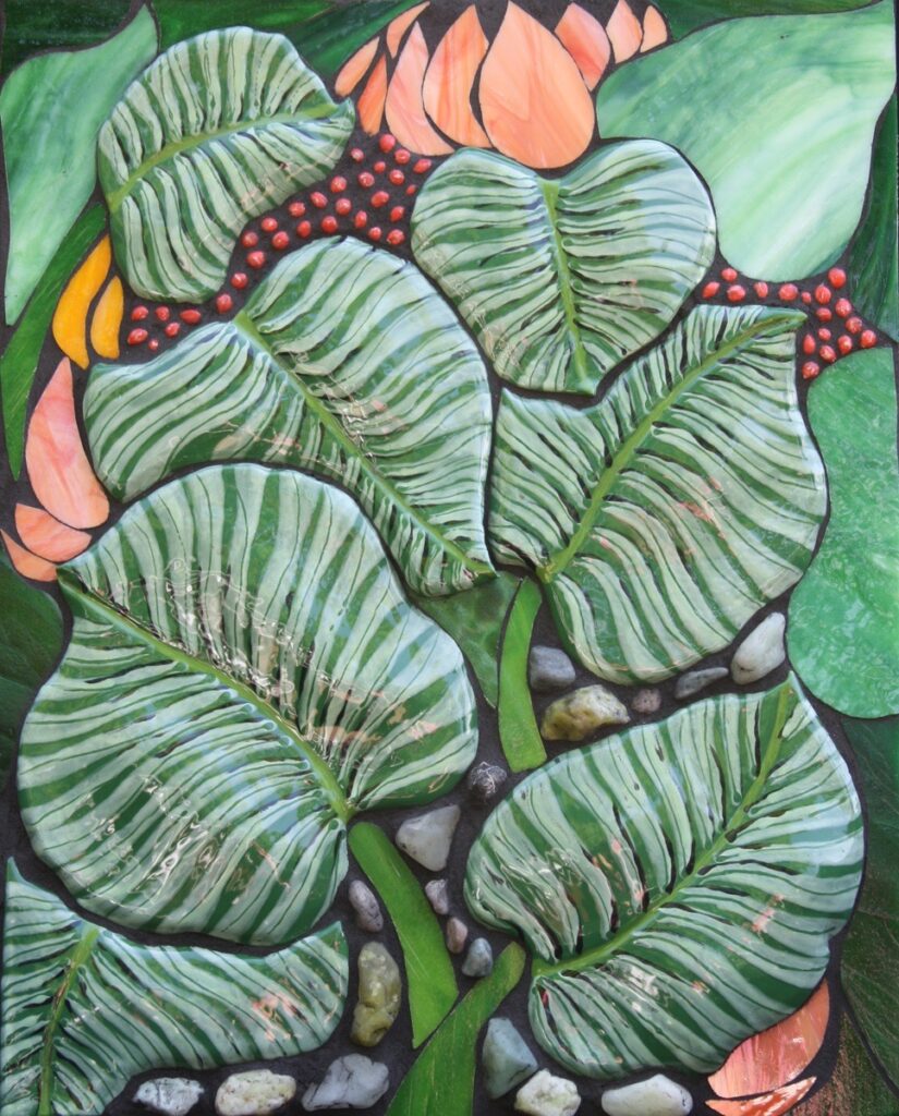 Marjorie Hoffman • <em>Tropical Leaves</em> • Mosaic of handmade ceramic tiles, stained glass, natural stone and seedpods • 18″×22″ • $1,200.00