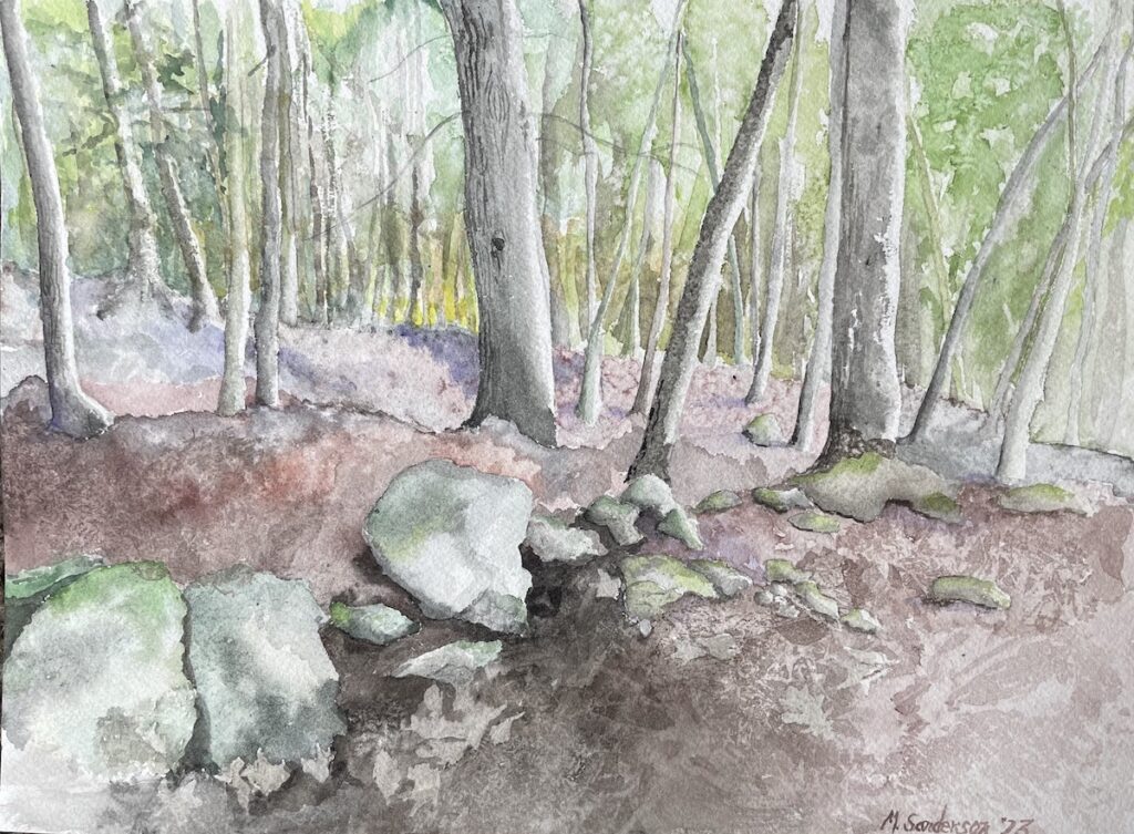 Marie Sanderson • <em>Remains of an Old Stone Wall</em> • Watercolor on Arches 140# cold press paper • 12″×9″ • $250.00
