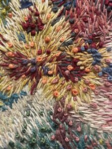 Patricia Brown • <em>Remnant 19  Closeup 1</em> • Cotton floss on linen, mounted on wood panel • 16″×16″ • NFS