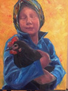 Hsiao-Pei Yang • <em>Girl and Her hen</em> • Oil on canvas • 11″×14″ • NFS