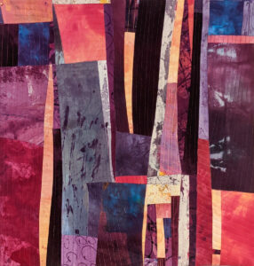 Barbara Behrmann • <em>Urban Impressions #2</em> • Original fabrics immersed, printed and painted with dyes, mounted on stretched canvas • 20″×20″×1½″ • $400.00