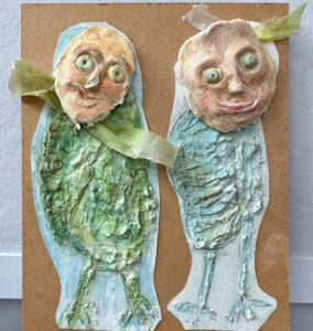 Mary Ann Bowman • <em>Just the Two of Us</em> • Cardboard, canvas, joint compound on masonite • 11″×14″ • $450.00