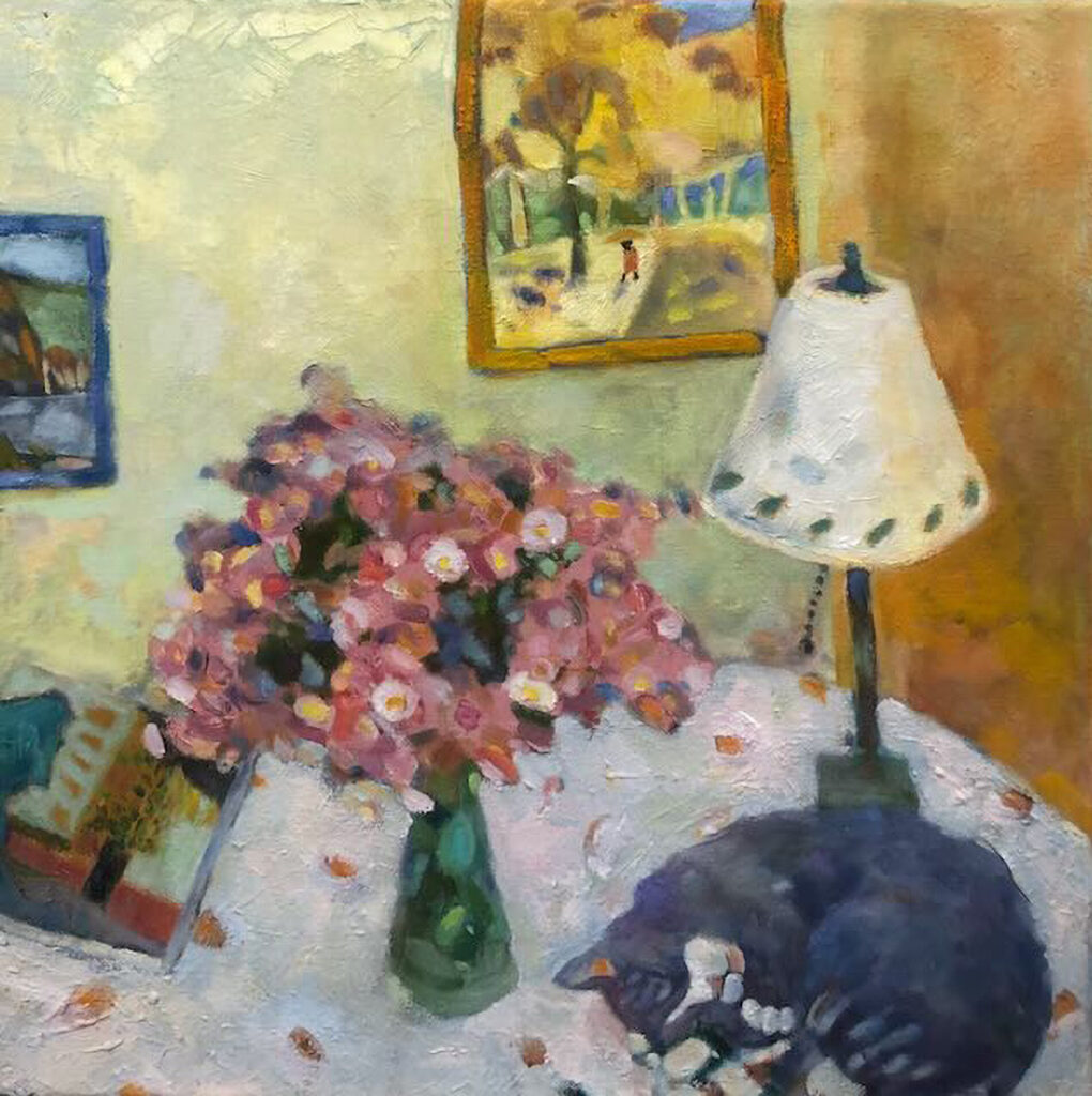 Catharine O'Neill • <em>Pink Flowers, Gray Cat</em> • Water-based oils • 14″×14″ • $375.00<a class="purchase" href="https://state-of-the-art-gallery.square.site/product/catharine-o-neill-pink-flowers-gray-cat/2851" target="_blank">Buy</a>