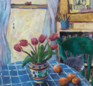 Catharine O'Neill • <em>Red Tulips, Gray Cat</em> • Water-based oils • 14″× 14″ • $375.00