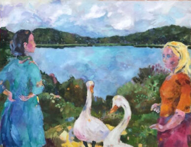 Catharine O'Neill • <em>White Swans</em> • Water-based oils • 28″× 22″ • $500.00