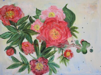 Ethel Vrana • <em>Peonies</em> • Acrylic on canvas • 16″×12″ • $300.00<a class="purchase" href="https://state-of-the-art-gallery.square.site/product/ethel-vrana-peonies/2940" target="_blank">Buy</a>