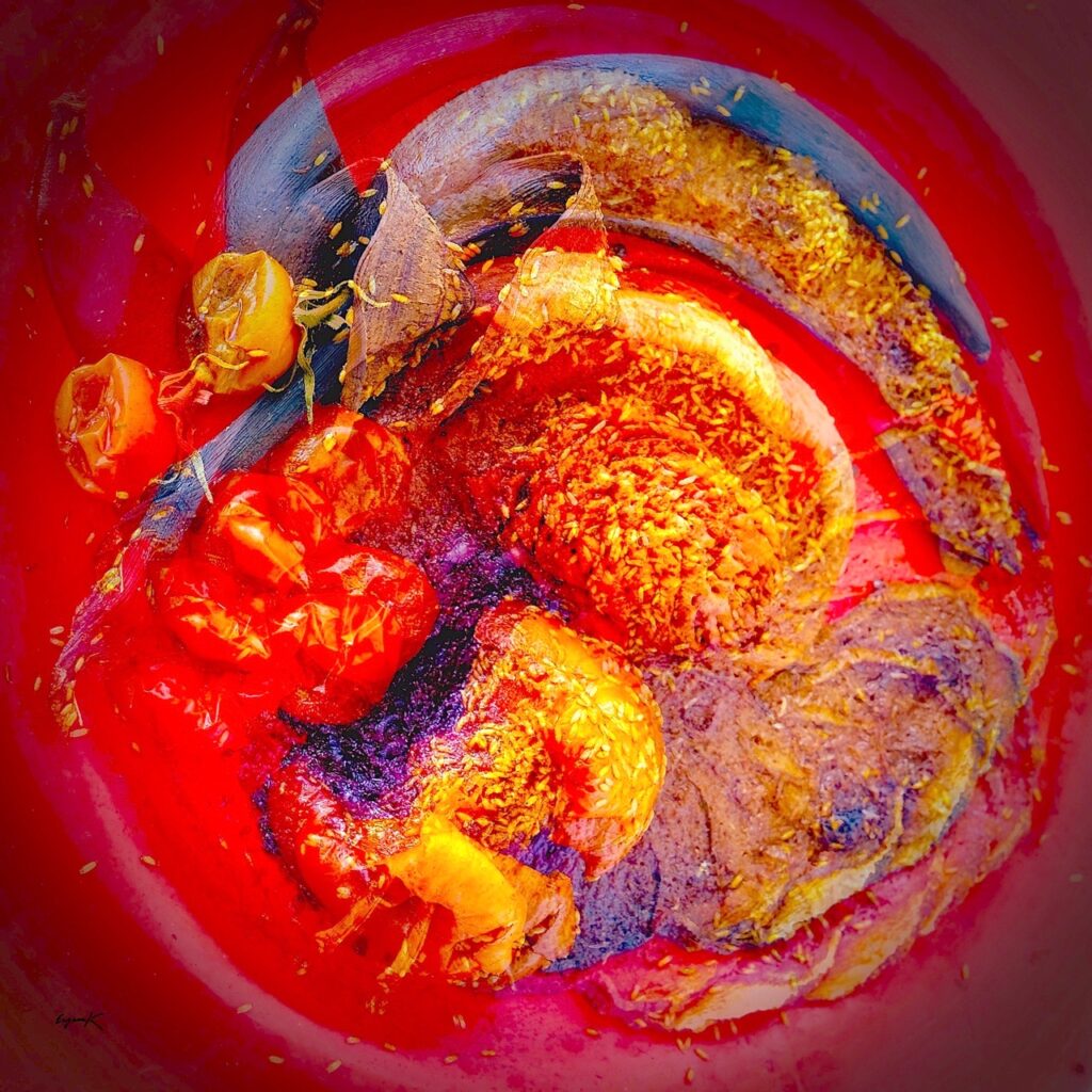 Eugene Kolomatsky • <em>Decaying Fruit on Red Plate</em> • Digital print • 18″×18″ • $320.00