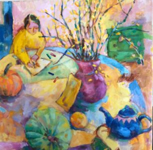 Catharine O'Neill • <em>Blue Teapot and Pumpkin</em> • Water-based oils • 23″× 23″ • NFS