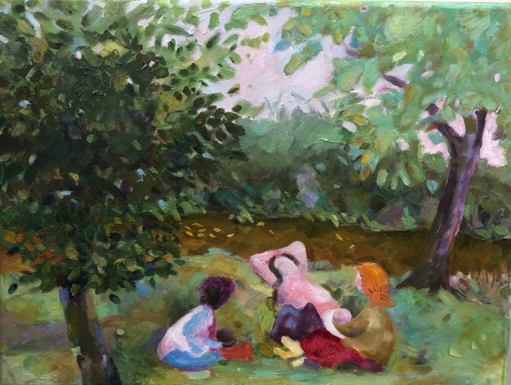 Catharine O'Neill • <em>Fall Creek Mothers</em> • Water-based oils • 16″× 12″ • $300.00