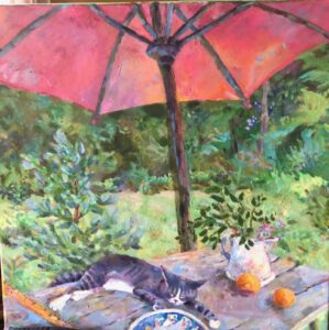 Catharine O'Neill • <em>Finnegan and Blue Dish</em> • Oils • 20″× 20″ • $400.00