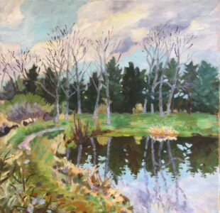 Catharine O'Neill • <em>Jennings Pond</em> • Water-based oils • 14″× 14″ • $325.00