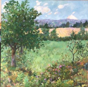 Catharine O'Neill • <em>Ludlowville Hills</em> • Water-based oils • 20″× 20″ • NFS