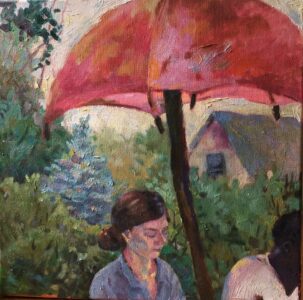 Catharine O'Neill • <em>Red Umbrella</em> • Water-based oils • 14″× 14″ • NFS