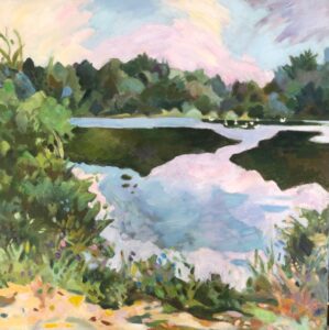 Catharine O'Neill • <em>Swans on Sterling Pond</em> • Water-based oils • 20″× 20″ • $400.00