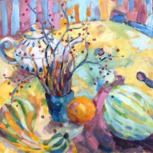 Catharine O'Neill • <em>Winterberries and Squash</em> • Water-based oils • 14″× 14″ • $375.00