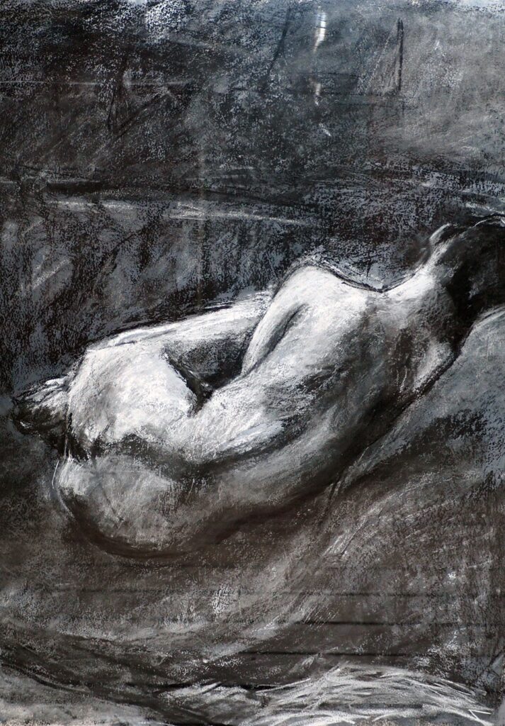 Janet Byer Sherman • <em>Womb Piece</em> • Charcoal, white gesso and pastel on paper • 26½″× 35½″ • NFS