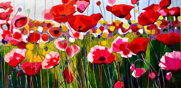 Cindy Kaufman&nbsp;• <em>Dancing Poppies</em>&nbsp;• Acrylic on canvas&nbsp;• 48″×&nbsp;24″&nbsp;• $1,300.00