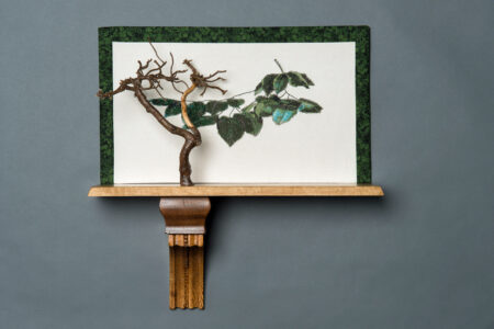 Eva M. Capobianco • <em>Bonsai with Leaves</em> • Cross stitch and found wood • 21″×21″×8″ • $650.00
