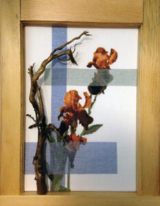 Eva M. Capobianco • <em>Window with Irises and Root</em> • Cross stitch and found wood • 15″×17″×5″ • $325.00