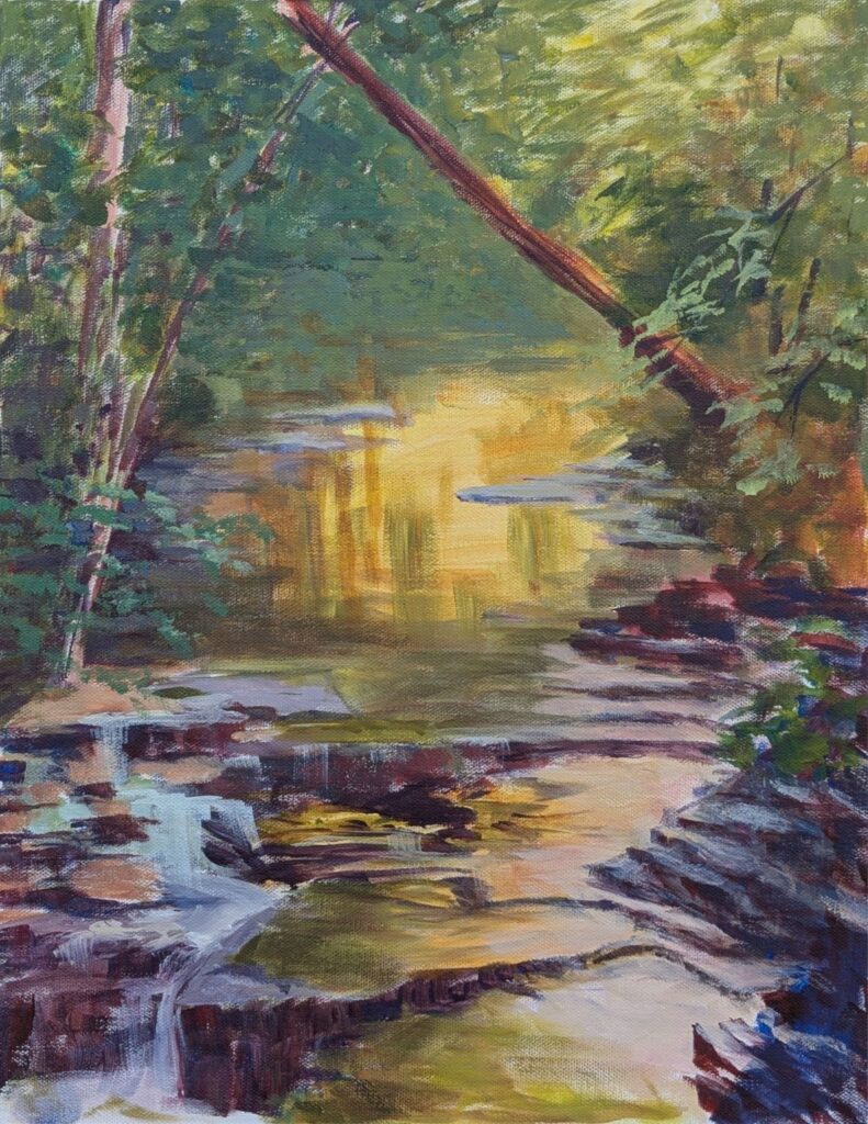 Diana Ozolins • <em>Black Diamond Trail at Kraft Rd.</em> • Acrylic on canvas • 14″× 18″ • $550.00