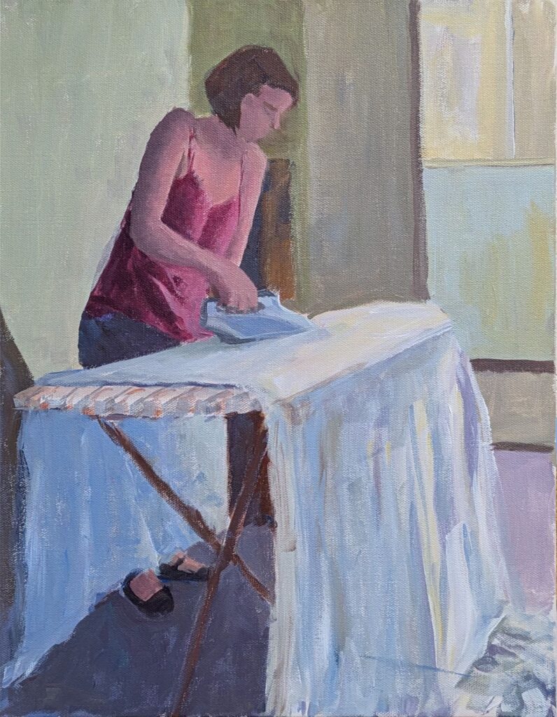 Diana Ozolins • <em>Ironing Curtains</em> • Acrylic on canvas • 14″× 18″ • $550.00