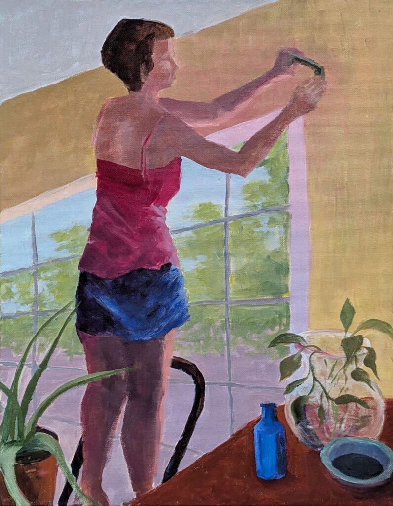 Diana Ozolins • <em>Putting up Curtain Rods</em> • Acrylic on canvas • 13″× 18″ • $550.00