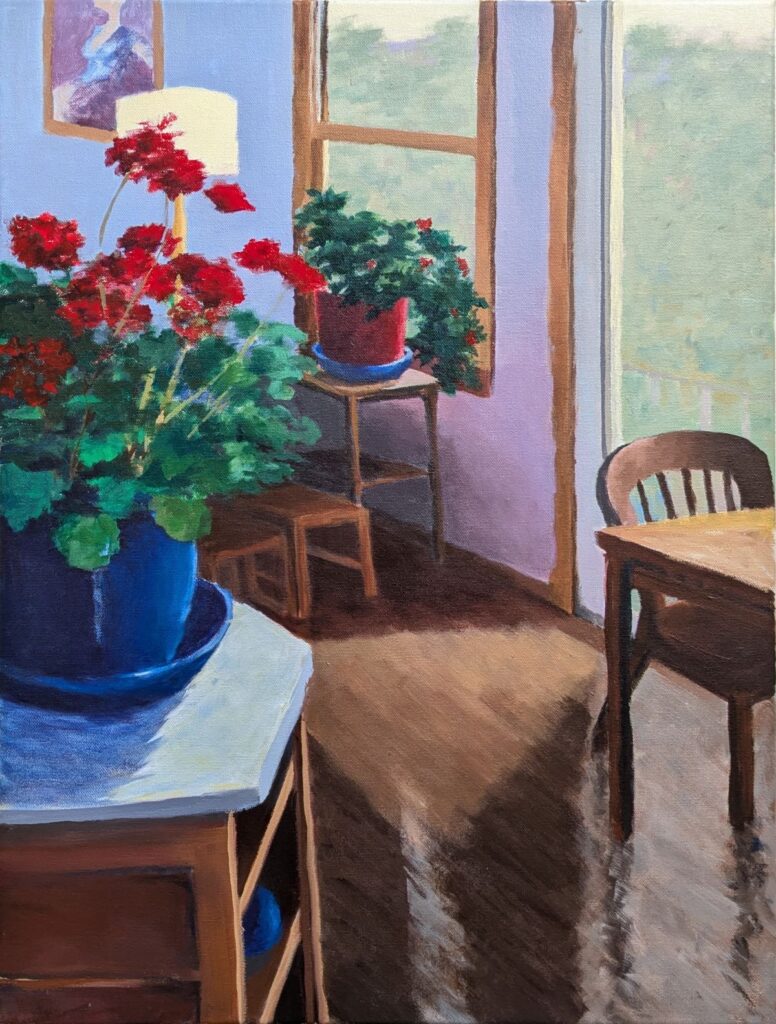 Diana Ozolins • <em>Time To Bring In The Geraniums</em> • Acrylic on canvas • 18″× 24″ • $865.00