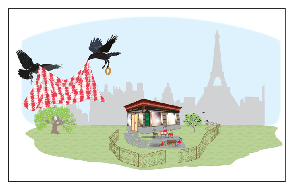 Margaret Nelson • <em>Brunch for the Crows of Paris</em> • Digital print on Hahnemühle paper • 20″× 14″ • $180.00