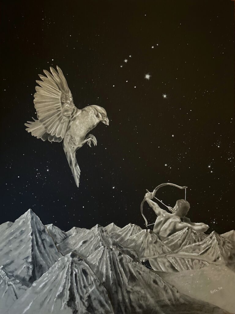 Katrina Clark • <em>Hunting the Moonbird</em> • Graphite, charcoal, & white charcoal • 18″× 24″ • $1,100.00<a class="purchase" href="https://state-of-the-art-gallery.square.site/product/katrina-clark-hunting-the-moonbird/3464" target="_blank">Buy</a>