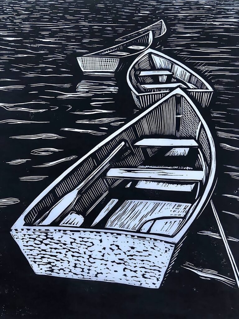 Cynthia Cratsley • <em>Rowboats. Star Island</em> • Linocut on paper • 8″× 10″ • $175.00<a class="purchase" href="https://state-of-the-art-gallery.square.site/product/cynthia-cratsley-rowboats-star-island/3486" target="_blank">Buy</a>