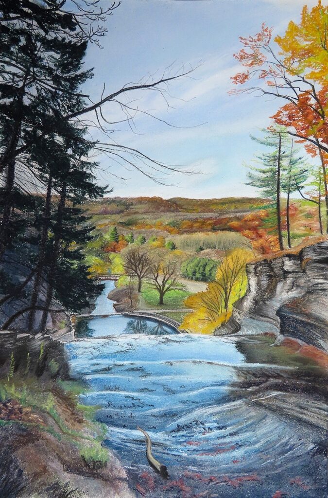 Alison Goodrich • <em>Buttermilk Falls View</em> • Chalk pastel • 12″× 18″ • $300.00<a class="purchase" href="https://state-of-the-art-gallery.square.site/product/alison-goodrich-buttermilk-falls-view/3494" target="_blank">Buy</a>