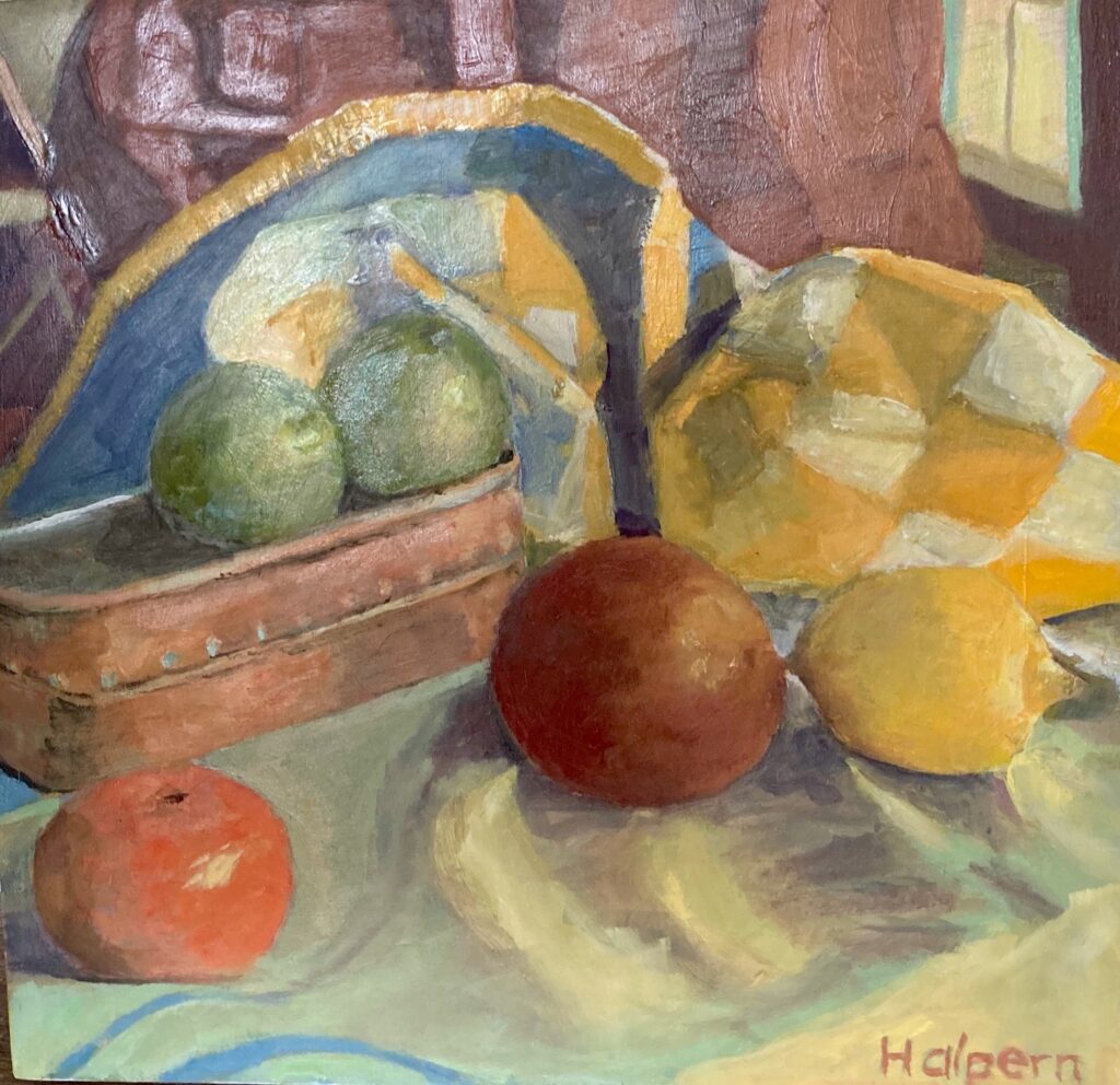 Gale Halpern • <em>Still Life with Tangerine</em> • Oil on cradled birch panel • 10″× 10″ • $350.00<a class="purchase" href="https://state-of-the-art-gallery.square.site/product/gale-halpern-still-life-with-tangerine/3521" target="_blank">Buy</a>