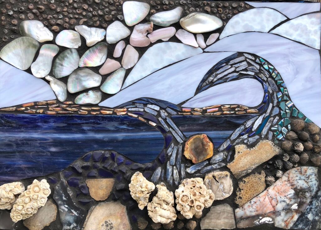 Marjorie Hoffman • <em>Storm</em> • Stained glass, stone, shells, fossilize coral • 25½″× 18¾″ • $1,000.00<a class="purchase" href="https://state-of-the-art-gallery.square.site/product/marjorie-hoffman-storm/3491" target="_blank">Buy</a>