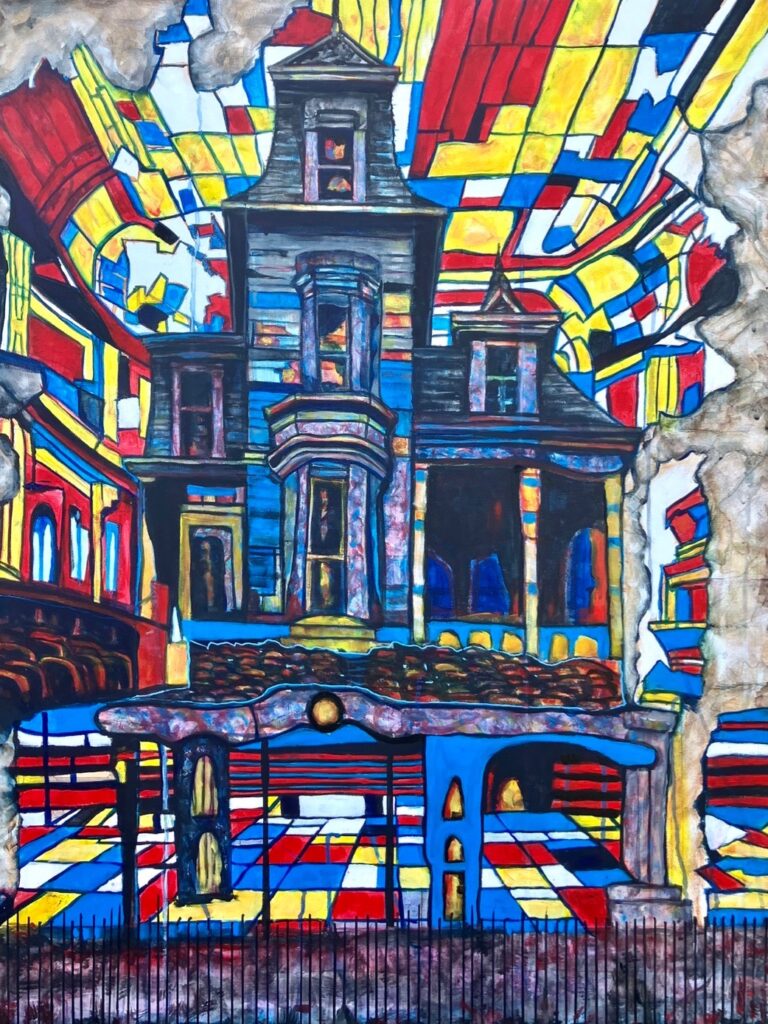 Tyrone Johnson-Neuland • <em>House of Colors</em> • Acrylic on canvas • 30″× 40″ • $750.00<a class="purchase" href="https://state-of-the-art-gallery.square.site/product/tyrone-johnson-neuland-house-of-colors/3502" target="_blank">Buy</a>