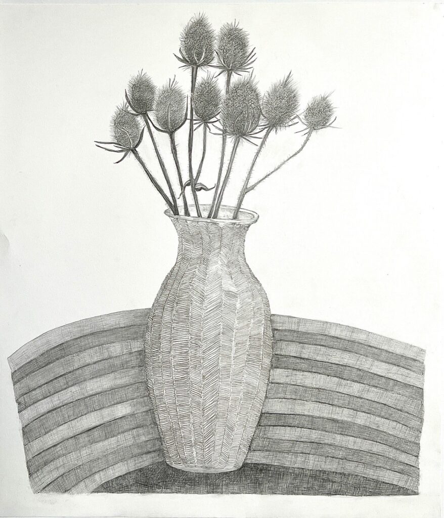 Diane McPherson • <em>Teasel in Vase</em> • Graphite on paper • 19″× 21″ • $250.00<a class="purchase" href="https://state-of-the-art-gallery.square.site/product/diane-mcpherson-teasel-in-vase/3479" target="_blank">Buy</a>