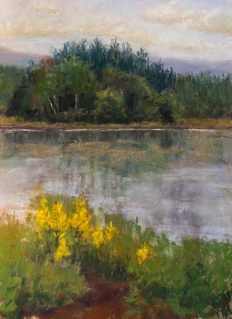 Nancy Medsker • <em>Jennings Pond Peaceful Waters</em> • Soft pastel on archival sanded paper • 11″× 14″ • $275.00<a class="purchase" href="https://state-of-the-art-gallery.square.site/product/nancy-medsker-jennings-pond-peaceful-waters/3514" target="_blank">Buy</a>