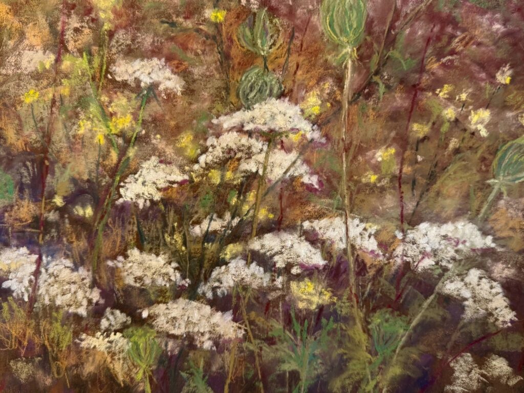 Nancy Medsker • <em>Late Fall Lace</em> • Soft pastel on archival sanded paper • 14″× 11″ • $275.00<a class="purchase" href="https://state-of-the-art-gallery.square.site/product/nancy-medsker-late-fall-lace/3508" target="_blank">Buy</a>