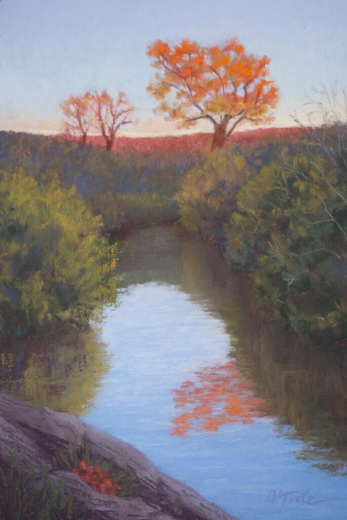 Brenna O'Toole • <em>Evening Light III</em> • Soft pastel on pastel premier • 5¾″× 8½″ • $580.00<a class="purchase" href="https://state-of-the-art-gallery.square.site/product/brenna-o-toole-evening-light-iii/3499" target="_blank">Buy</a>