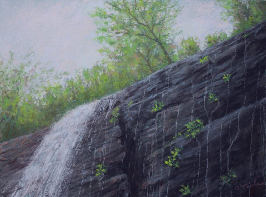 Brenna O'Toole • <em>Waterfall</em> • Soft pastel on pastelbord • 15¼″× 11¼″ • $980.00<a class="purchase" href="https://state-of-the-art-gallery.square.site/product/brenna-o-toole-waterfall/3485" target="_blank">Buy</a>