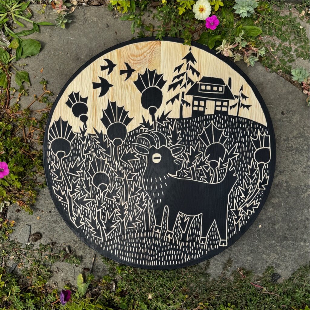 Bethany Parisi • <em>Hilltop Vigil</em> • Hand-carved, acrylic-stained, pine wood round. • 16″× 16″ • $469.00<a class="purchase" href="https://state-of-the-art-gallery.square.site/product/bethany-parisi-hilltop-vigil/3496" target="_blank">Buy</a>