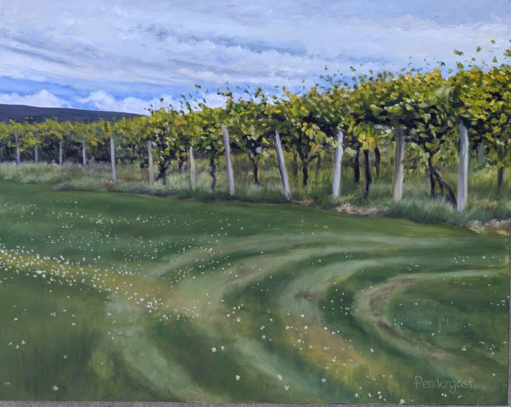 Melinda Pendergast • <em>Vineyard in Early Summer</em> • Water-mixable oil on stretched canvas • 30″× 24″ • $720.00<a class="purchase" href="https://state-of-the-art-gallery.square.site/product/melinda-pendergast-vineyard-in-early-summer/3512" target="_blank">Buy</a>