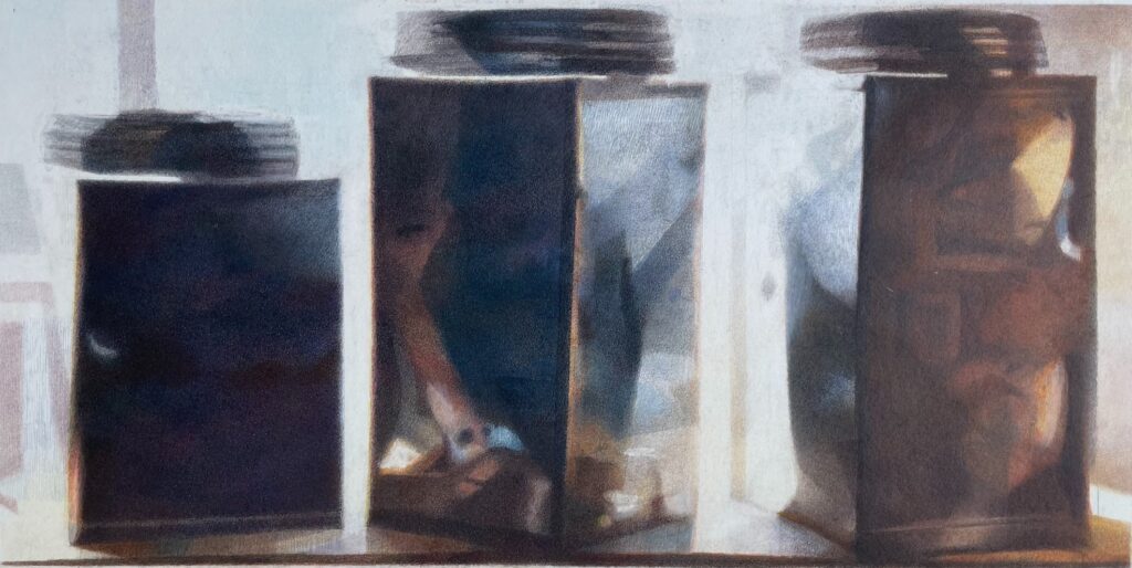 Lee Sims • <em>Three Tin Canisters</em> • Colored pencil on paper • 24½″× 16″ • $500.00<a class="purchase" href="https://state-of-the-art-gallery.square.site/product/lee-sims-three-tin-canisters/3519" target="_blank">Buy</a>