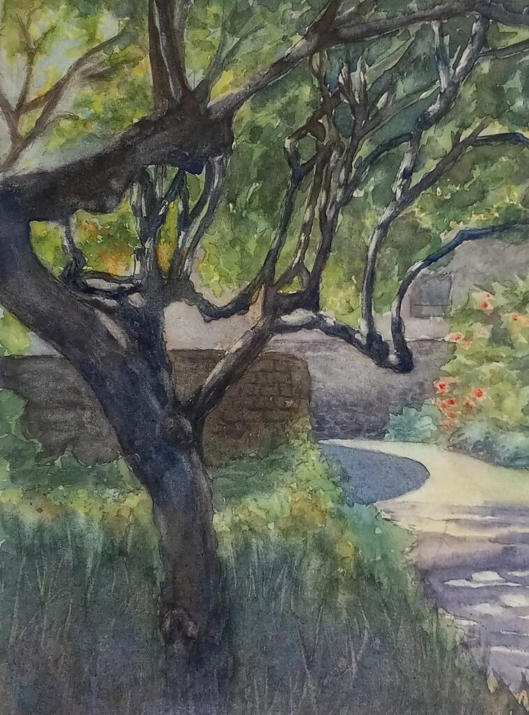 Nancy Stamp • <em>Brandywine Museum Garden, Chadds Ford, PA</em> • Watercolor,  Arches 140 cold press, framed with plexiglass • 8″× 11″ • $350.00<a class="purchase" href="https://state-of-the-art-gallery.square.site/product/nancy-stamp-brandywine-museum-garden-chadds-ford-pa/3500" target="_blank">Buy</a>