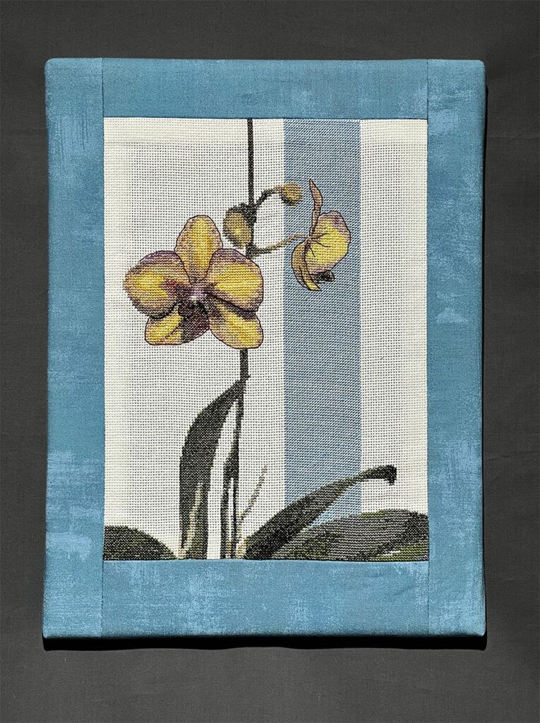 Eva M. Capobianco • <em>Orchids in Blue</em> • Cross stitch • 12″× 16″ • NFS