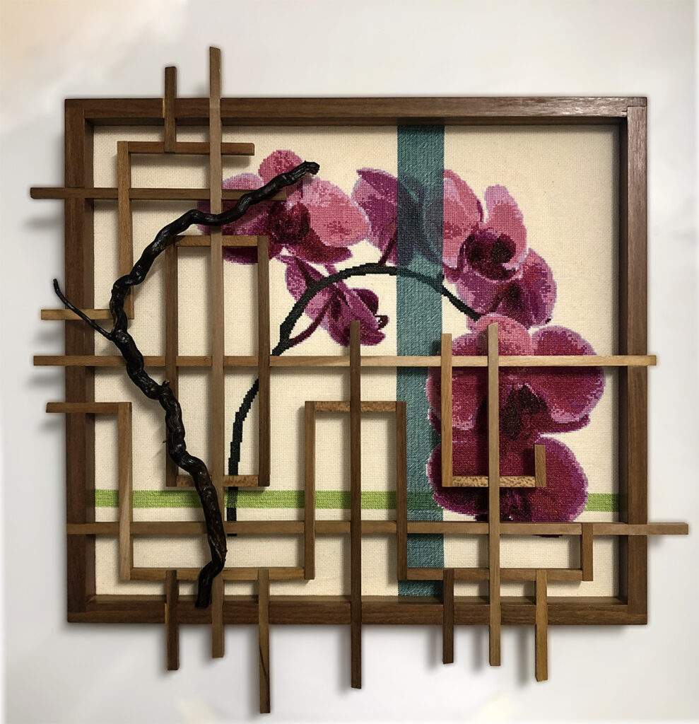 Eva M. Capobianco • <em>Orchids with Lattice 1</em> • Cross stitch and reused wood • 24″× 24″× 2″ • $575.00