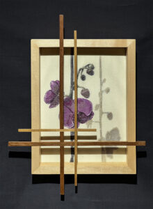 Eva M. Capobianco • <em>Orchids with Shadows</em> • Cross stitch and reused wood • 13″× 17″× 2″ • $275.00