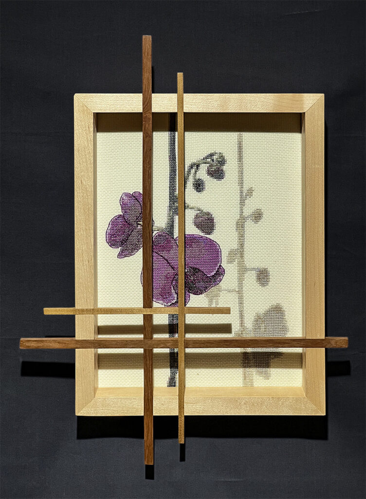 Eva M. Capobianco • <em>Orchids with Shadows</em> • Cross stitch and reused wood • 13″× 17″× 2″ • $275.00